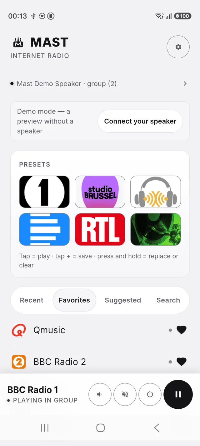 The Mast home screen: six numbered preset buttons above a list of favourite stations, with a playback bar at the bottom.